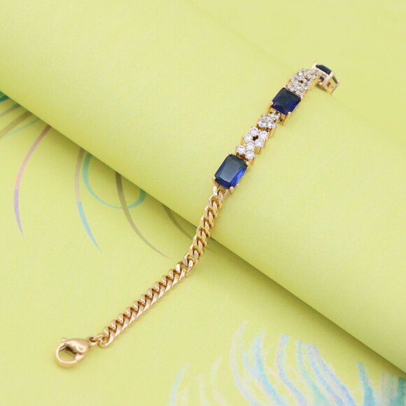 Rose Gold Chain Bracelet with Blue Emerald Cut & CZ, Luxe Contrast Look,XPBL0746 - Picture 2 of 12